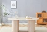 KEYSHA DINING TABLE, TRAVERTINE BASE, GLOSSY TRAVERTINE CERAMIC TOP