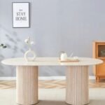 KEYSHA DINING TABLE, TRAVERTINE BASE, GLOSSY TRAVERTINE CERAMIC TOP