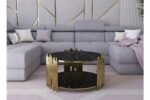ORIANA round coffee table in black marble-effect glass and gold-tone metal - Image 2