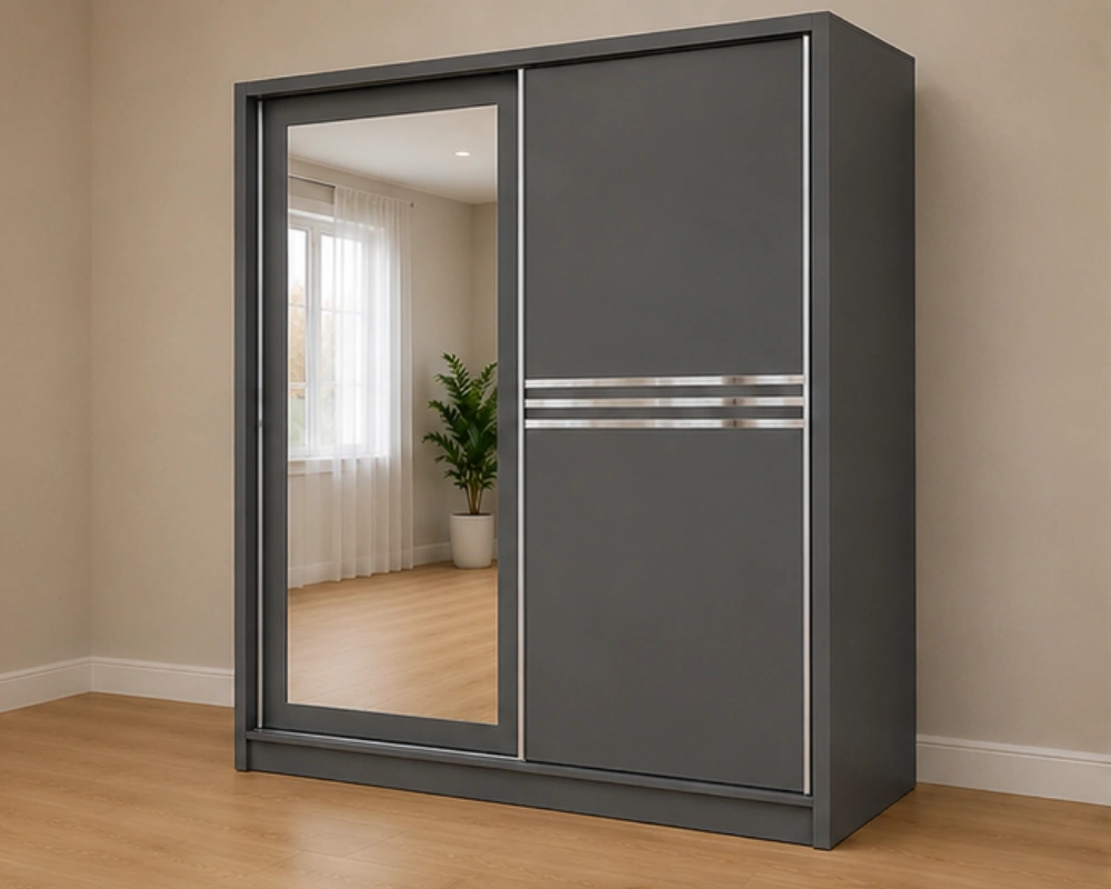 Armoire Dressing Grise Coulissante - Grand Miroir Intégré Organisation -Intelligente de Vos Vêtements Mobilier Moderne et Élégant – Image 3