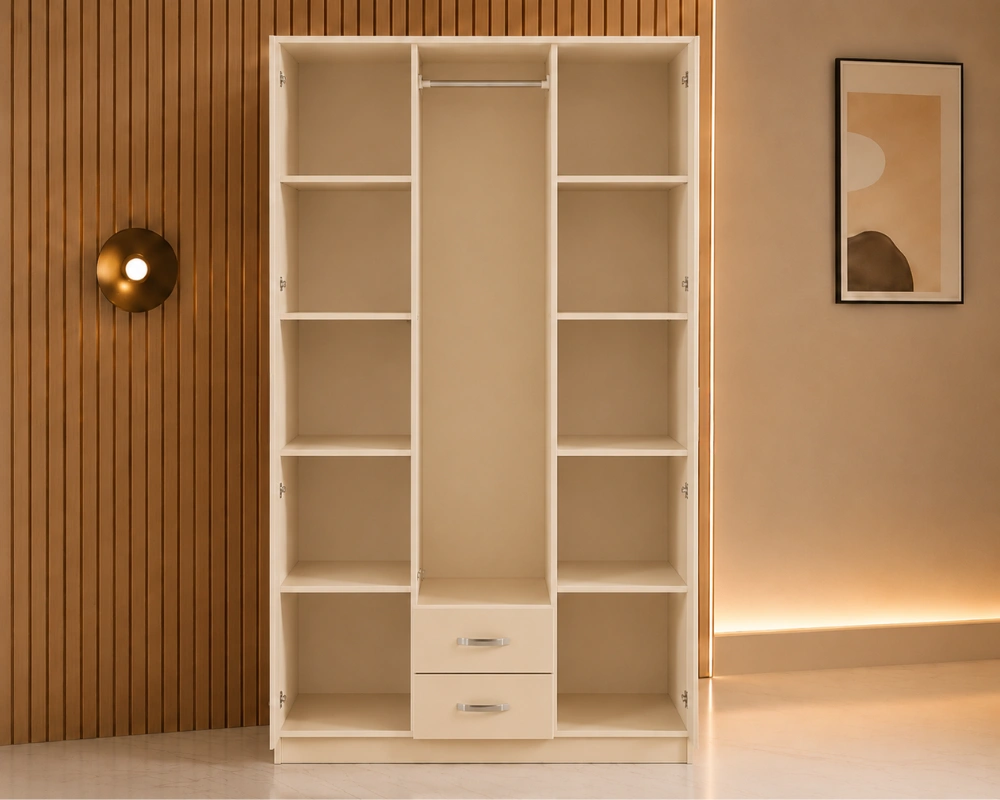 Armoire Beige 3 Portes Design Grand Miroir avec 2 Tiroirs Intégrés - Grande Penderie et Rangement Optimisé - Mobilier Moderne pour Chambre Adulte – Image 4