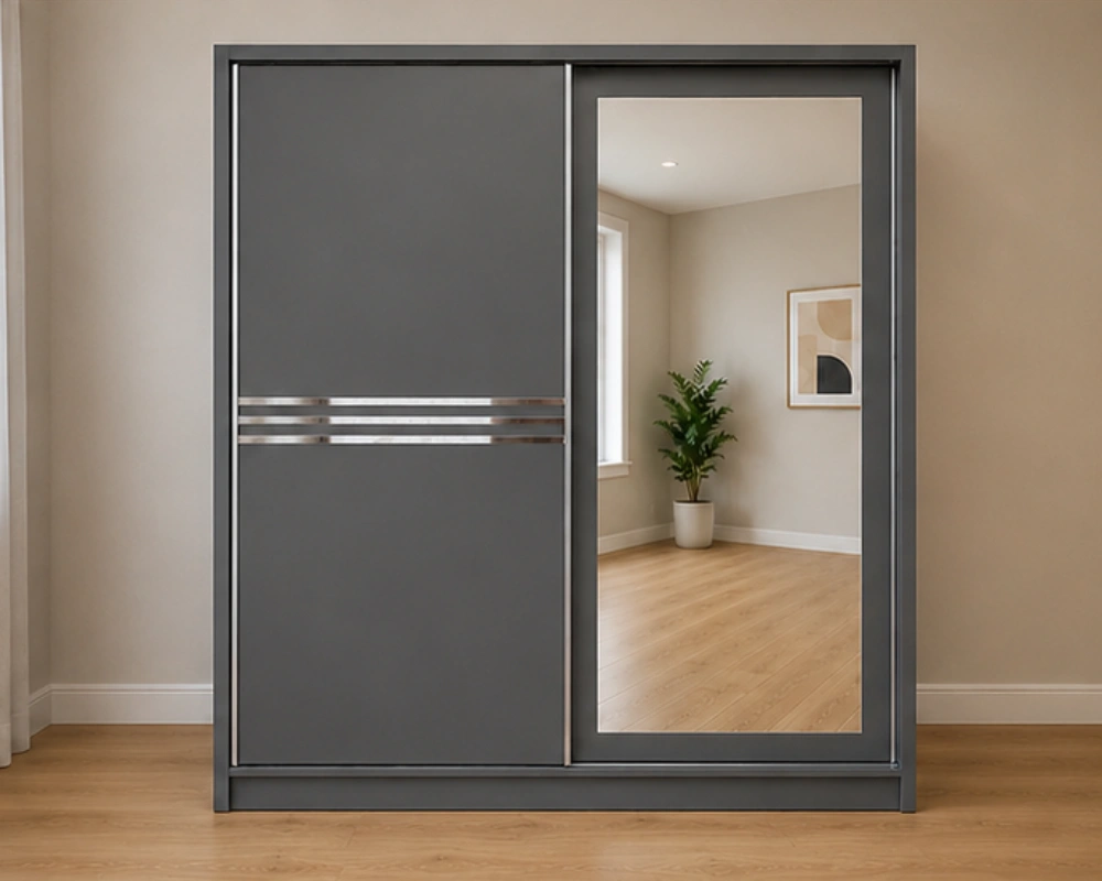Armoire Dressing Grise Coulissante - Grand Miroir Intégré Organisation -Intelligente de Vos Vêtements Mobilier Moderne et Élégant – Image 2