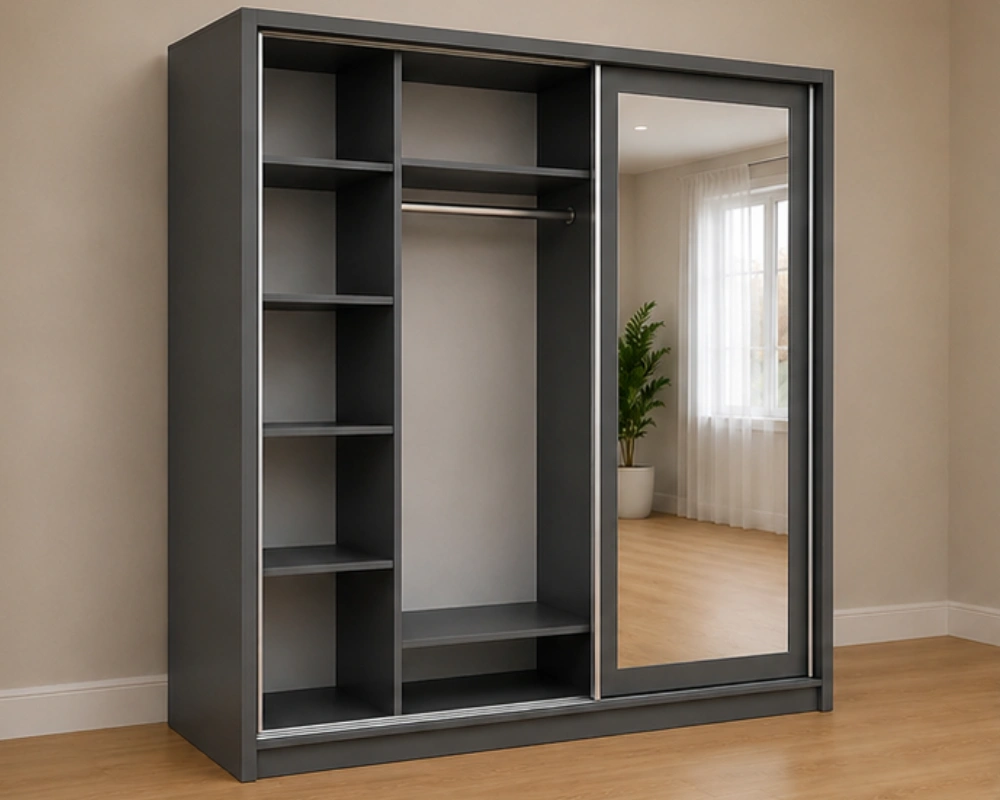 Armoire Dressing Grise Coulissante - Grand Miroir Intégré Organisation -Intelligente de Vos Vêtements Mobilier Moderne et Élégant – Image 4