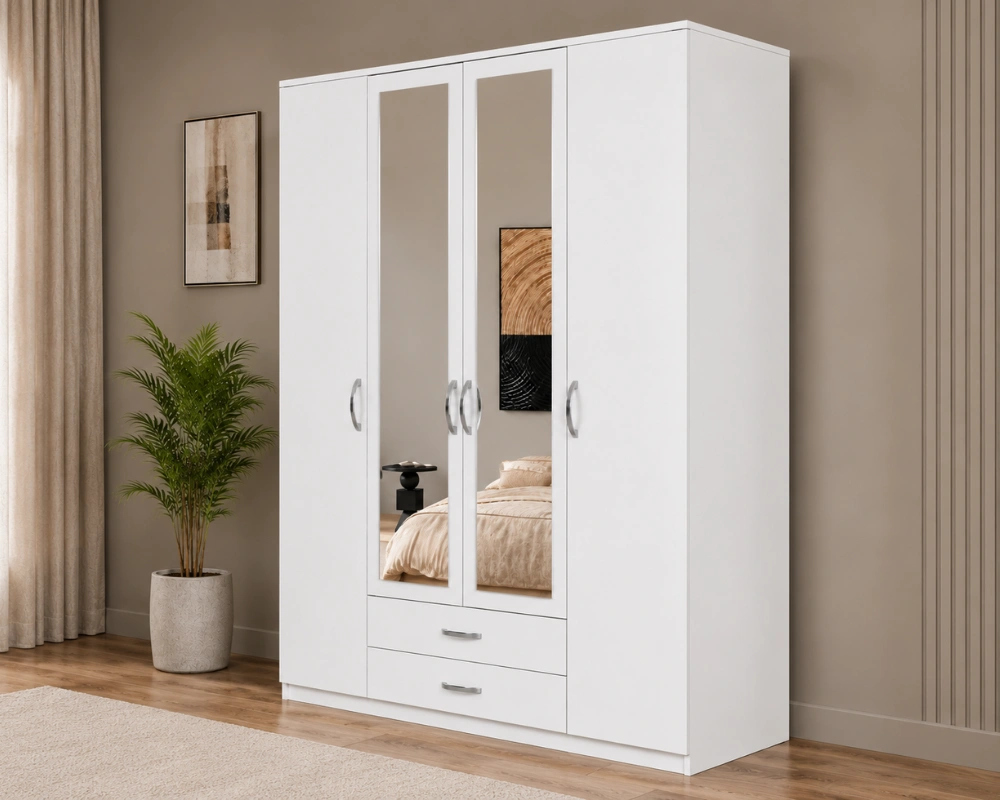 Armoire Blanche Élégante 4 Portes Grand Miroir avec 2 Tiroirs Intégrés Rangement Intelligent et Grande Penderie Style Contemporain pour Chambre Moderne – Image 3