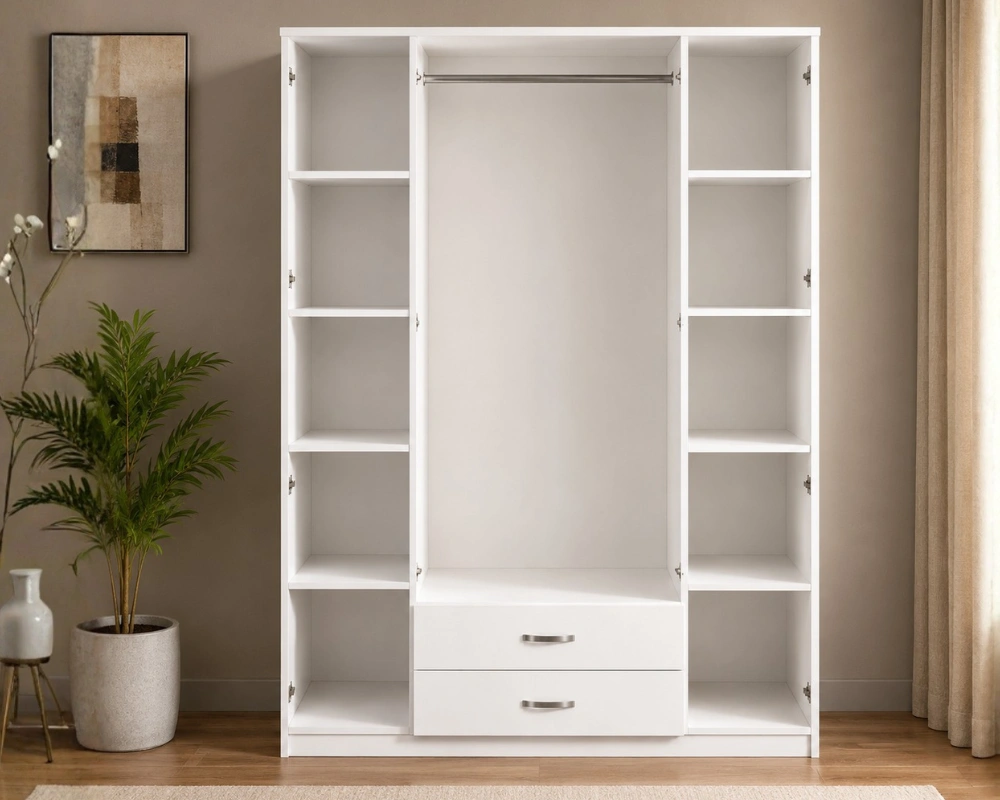 Armoire Blanche Élégante 4 Portes Grand Miroir avec 2 Tiroirs Intégrés Rangement Intelligent et Grande Penderie Style Contemporain pour Chambre Moderne – Image 4