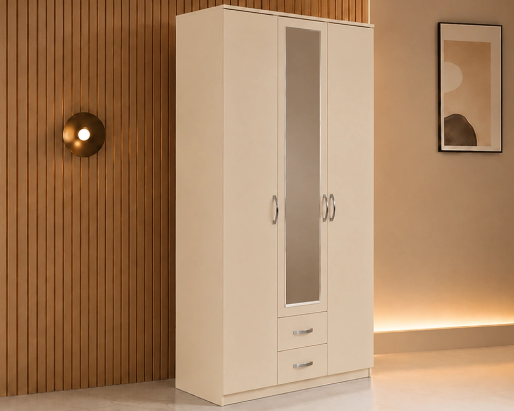 Armoire Beige 3 Portes Design Grand Miroir avec 2 Tiroirs Intégrés - Grande Penderie et Rangement Optimisé - Mobilier Moderne pour Chambre Adulte – Image 2