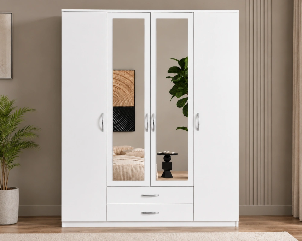 Armoire Blanche Élégante 4 Portes Grand Miroir avec 2 Tiroirs Intégrés Rangement Intelligent et Grande Penderie Style Contemporain pour Chambre Moderne – Image 2