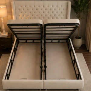 Lit Coffre VIP 140x190 cm en Velours Beige – Grand Coffre de Rangement & Tête de Lit Capitonnée