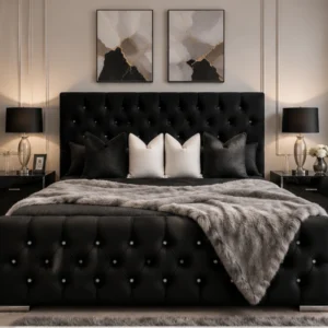 Lit avec Sommier 160x200 cm en Velours Noir avec Tête de Lit Capitonnée