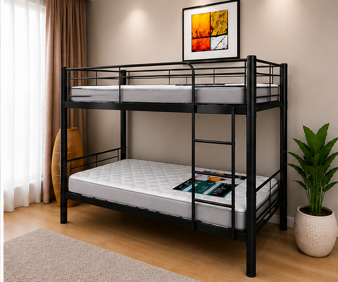 Lit Superposé 1+1 en Métal – Lit Superposé en Noir - lit Superposé 2 Places - Bunk Bed 1+1 - Lit Superposé 1+1 en Métal avec Barrières de Sécurité – Image 4