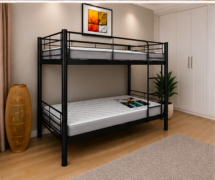 Lit Superposé 1+1 en Métal – Lit Superposé en Noir - lit Superposé 2 Places - Bunk Bed 1+1 - Lit Superposé 1+1 en Métal avec Barrières de Sécurité