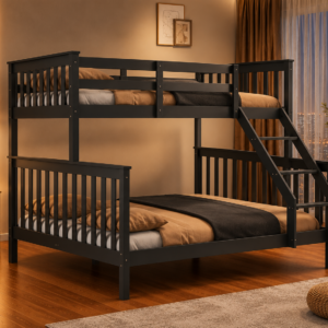 Lit Superposé 2+1 en Bois Gris – Lit Triple Premium 3 Places - Lit Superposé
