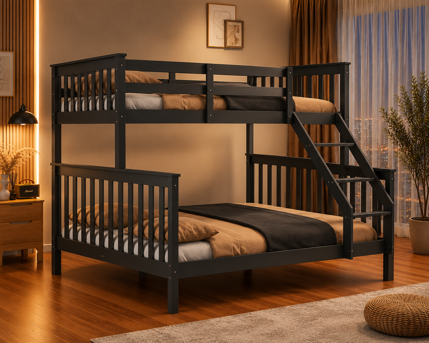 Lit Superposé 2+1 en Bois Gris – Lit Triple Premium 3 Places - Lit Superposé