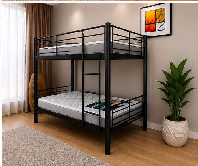 Lit Superposé 1+1 en Métal – Lit Superposé en Noir - lit Superposé 2 Places - Bunk Bed 1+1 - Lit Superposé 1+1 en Métal avec Barrières de Sécurité – Image 2