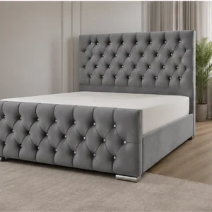 Lit avec Sommier 140x190 cm en Velours Noir avec Tête de Lit Capitonnée - Lit Sommier 140x190cm