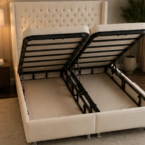 Lit Coffre VIP 160x200 cm en Velours Beige – Grand Coffre de Rangement & Tête de Lit Capitonnée - Lit Coffre 160x200cm