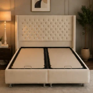Lit Coffre VIP 180x200 cm en Velours Beige – Grand Coffre de Rangement & Tête de Lit Capitonnée - Lit Coffre 180x200cm