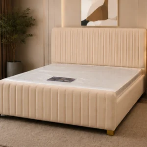 Lit Moderne 160x200 cm avec Tête de Lit Capitonnée – Velours Beige Élégant