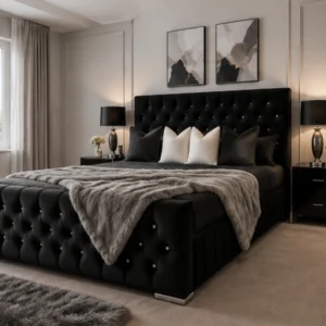 Lit avec Sommier 140x190 cm en Velours Noir avec Tête de Lit Capitonnée