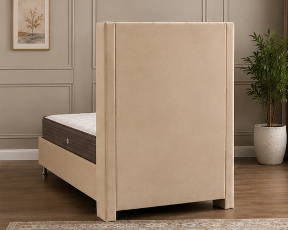 Lit Coffre 90x190 cm en Tissu Beige avec Tête de Lit Capitonnée - Lit Coffre 90x190cm – Image 3