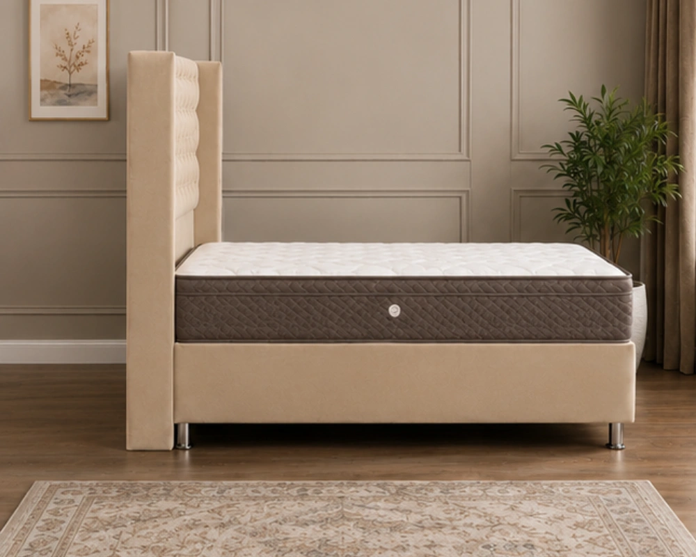 Lit Coffre 90x190 cm en Tissu Beige avec Tête de Lit Capitonnée - Lit Coffre 90x190cm – Image 4