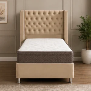 Lit Coffre 90x190 cm en Tissu Beige avec Tête de Lit Capitonnée - Lit Coffre 90x190cm
