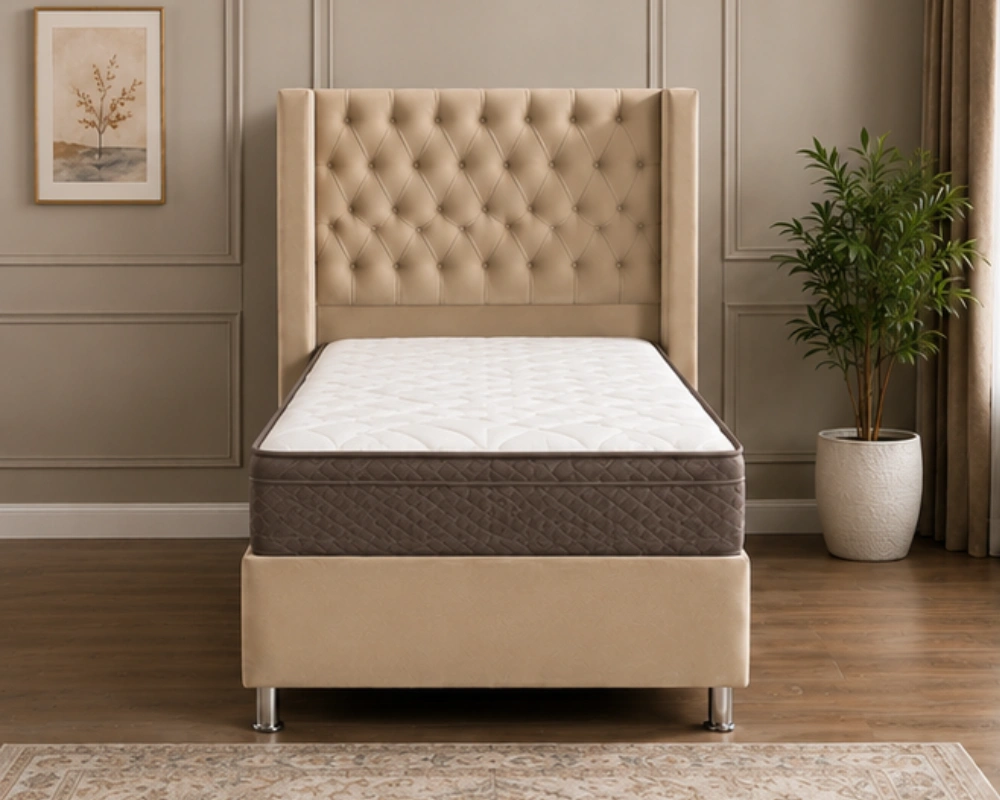 Lit Coffre 90x190 cm en Tissu Beige avec Tête de Lit Capitonnée - Lit Coffre 90x190cm