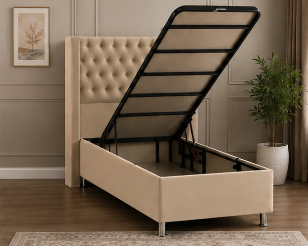 Lit Coffre 90x190 cm en Tissu Beige avec Tête de Lit Capitonnée - Lit Coffre 90x190cm – Image 2