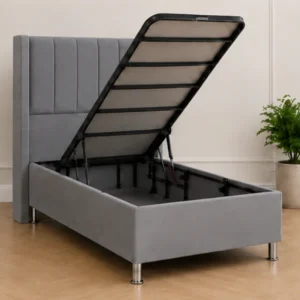 Lit Coffre 1 Place 90x190 cm en Tissu Beige avec Sommier Relevable - Lit Coffre 90x190cm