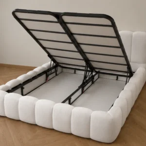 Lit Coffre VIP 160x200 cm en Velours Blanc – Lit Queen Size avec Grand Espace de Rangement, Design Contemporain & Tête de Lit Capitonnée