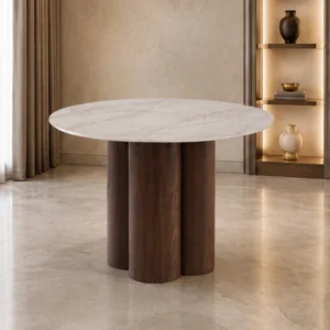 Table de Repas Ronde – Plateau Marbré et Pieds en Bois