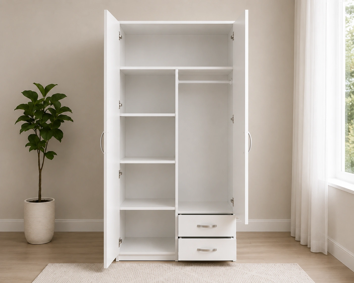 Armoire Blanche 2 Portes avec Miroir et 2 Tiroirs Penderie de Chambre avec Étagères – Design Moderne – Image 4