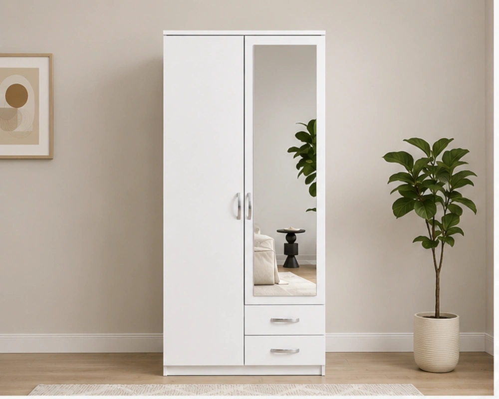 Armoire Blanche 2 Portes avec Miroir et 2 Tiroirs Penderie de Chambre avec Étagères – Design Moderne – Image 2