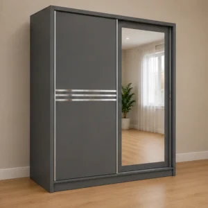 Armoire Dressing Grise Coulissante -  Grand Miroir Intégré Organisation -Intelligente de Vos Vêtements Mobilier Moderne et Élégant