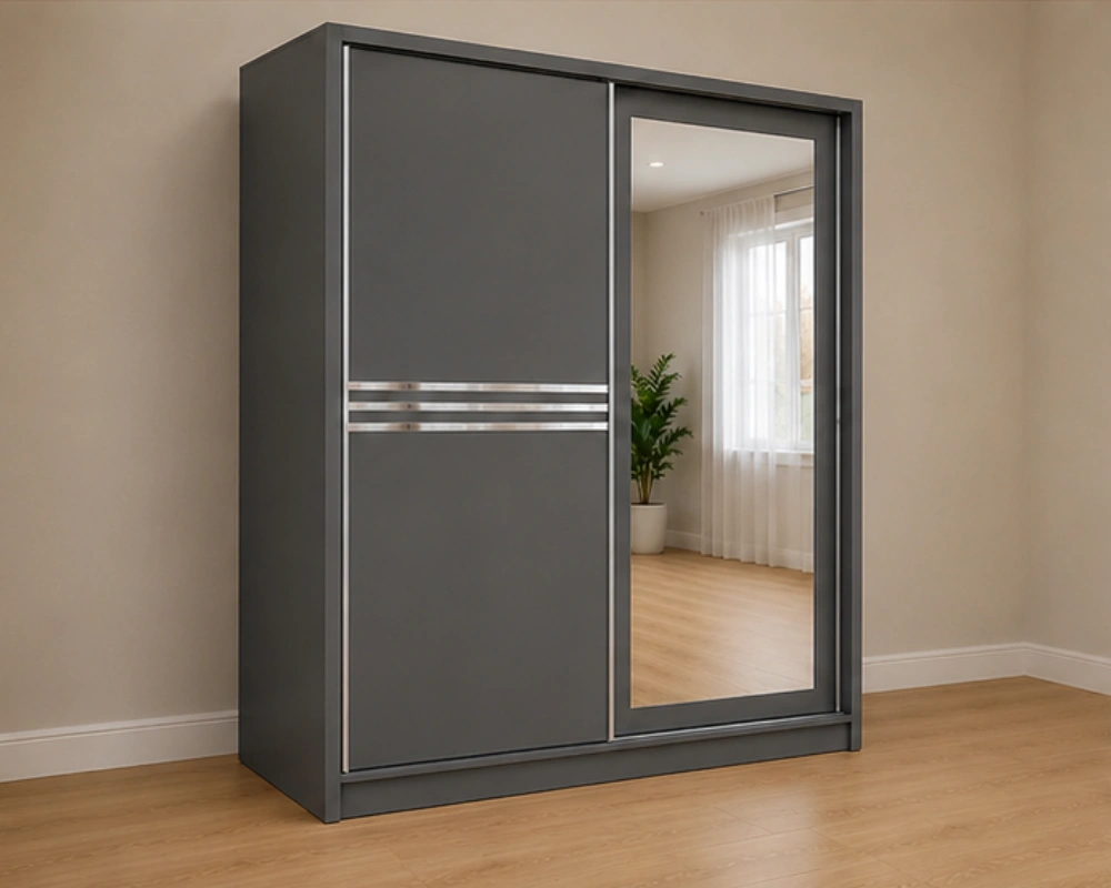 Armoire Dressing Grise Coulissante -  Grand Miroir Intégré Organisation -Intelligente de Vos Vêtements Mobilier Moderne et Élégant