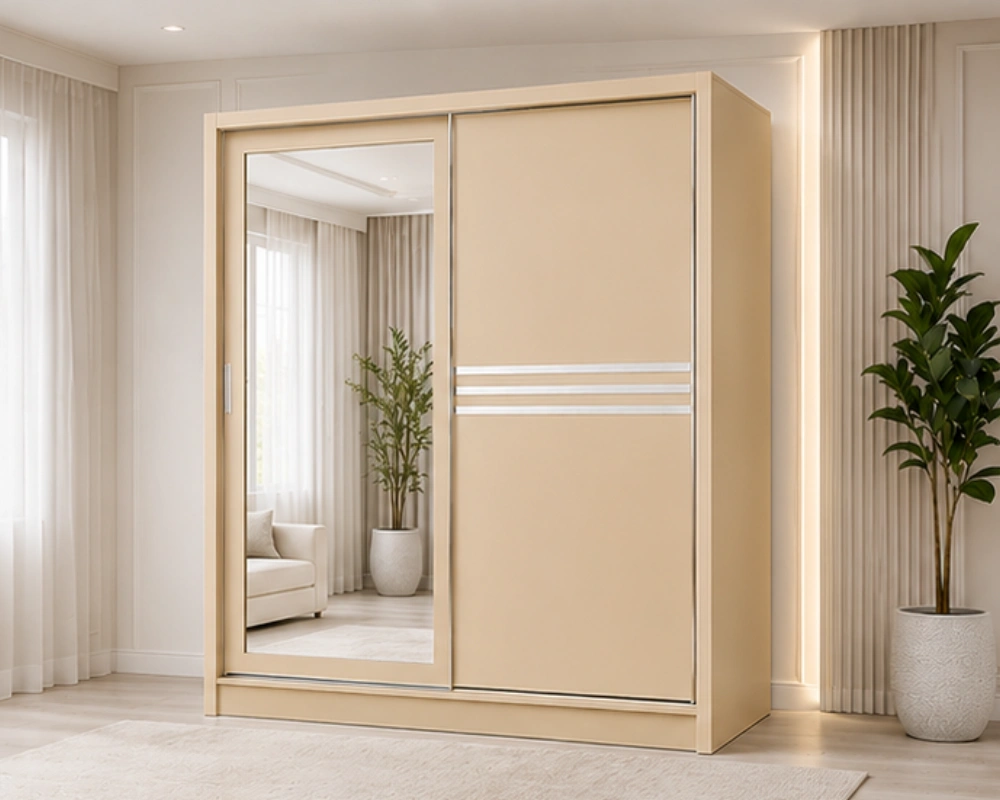 Armoire Beige à Portes Coulissantes - Grand Miroir Pleine Longueur - Grande Capacité de Rangement - Design Moderne et Raffiné – Image 3