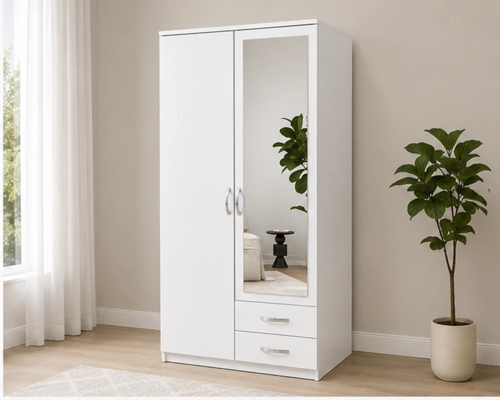 Armoire Blanche 2 Portes avec Miroir et 2 Tiroirs Penderie de Chambre avec Étagères – Design Moderne – Image 3