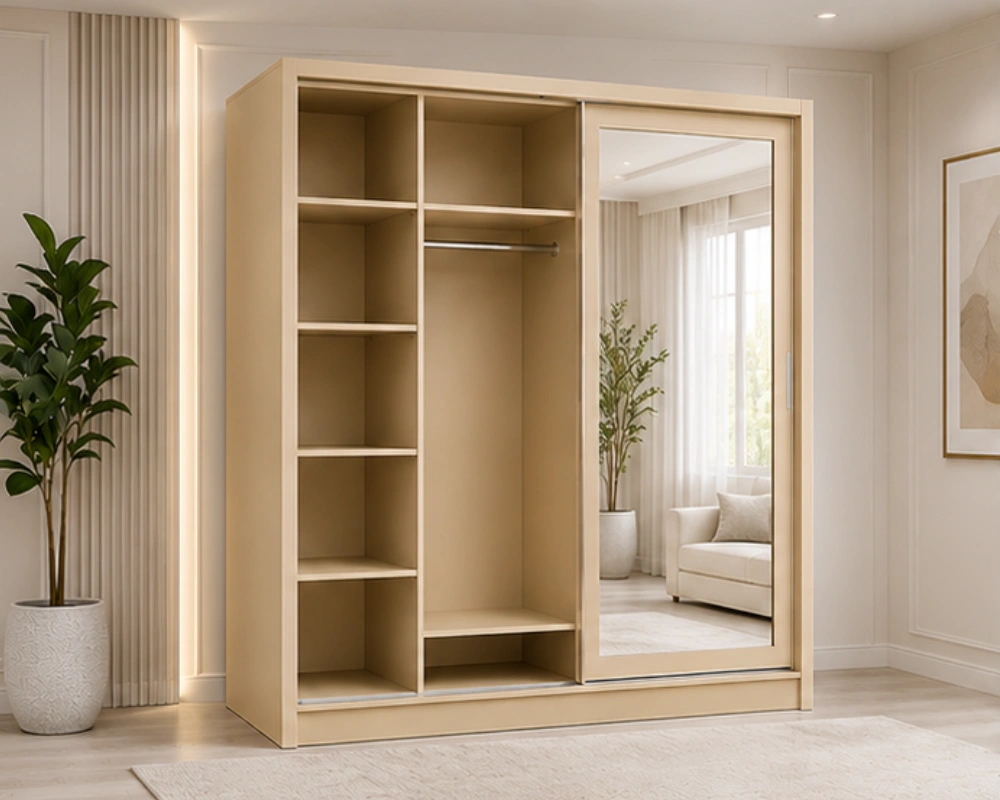 Armoire Beige à Portes Coulissantes - Grand Miroir Pleine Longueur - Grande Capacité de Rangement - Design Moderne et Raffiné – Image 4