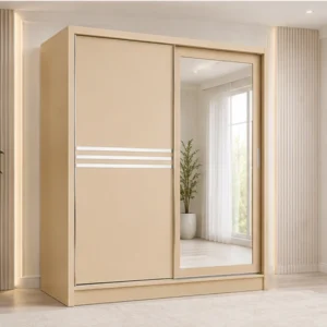 Armoire Beige à Portes Coulissantes - Grand Miroir Pleine Longueur - Grande Capacité de Rangement - Design Moderne et Raffiné
