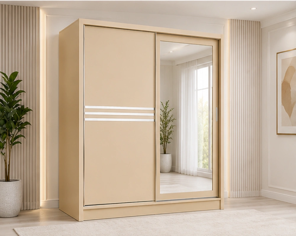 Armoire Beige à Portes Coulissantes - Grand Miroir Pleine Longueur -  Grande Capacité de Rangement - Design Moderne et Raffiné
