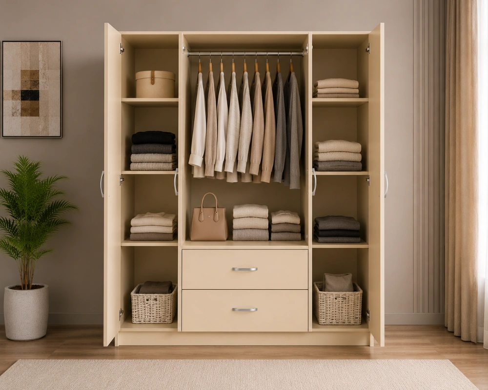 Armoire Beige 4 Portes avec Grand Miroir - 2 Tiroirs Spacieux et Grande Penderie Grande Capacité de Rangement - Design Moderne pour Chambre Adulte – Image 4