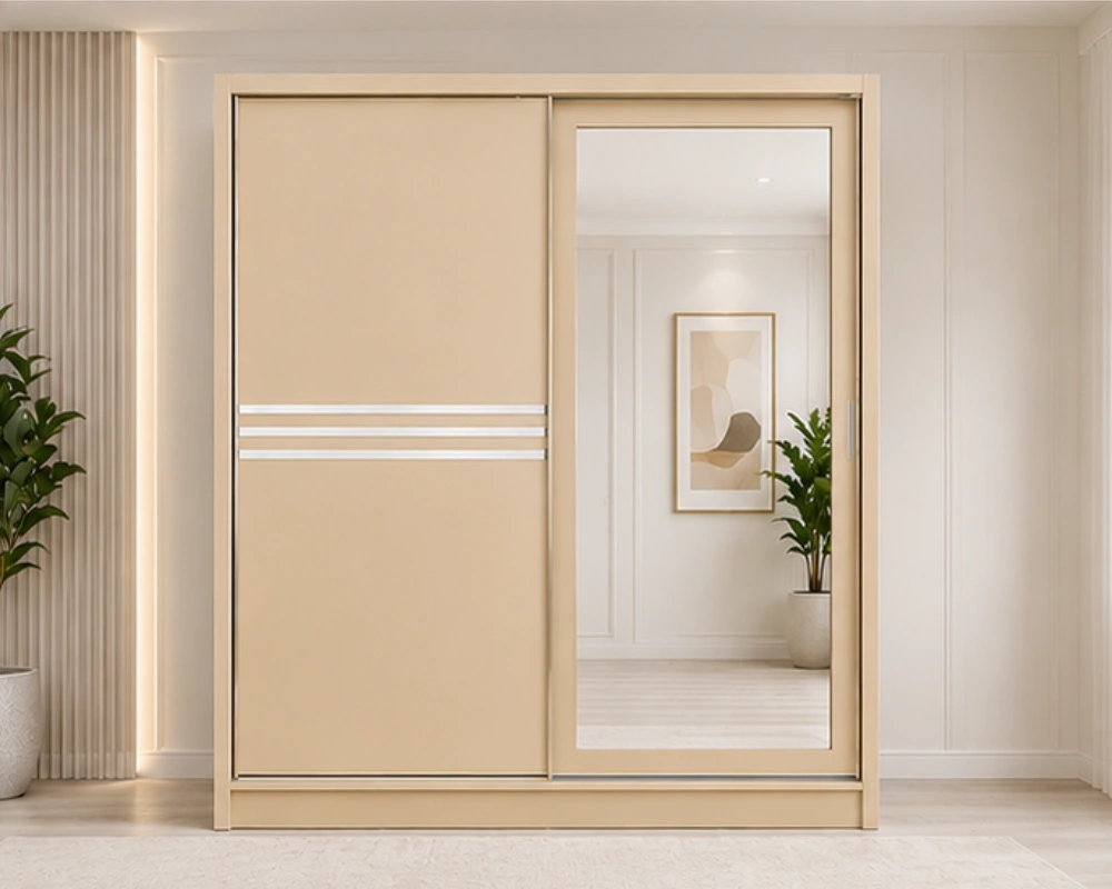 Armoire Beige à Portes Coulissantes - Grand Miroir Pleine Longueur - Grande Capacité de Rangement - Design Moderne et Raffiné – Image 2