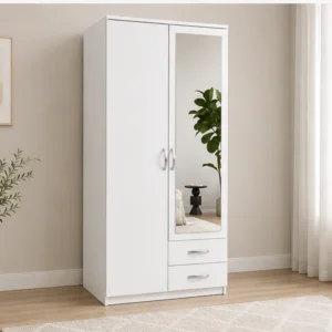 Armoire Blanche 2 Portes avec Miroir et 2 Tiroirs Penderie de Chambre avec Étagères – Design Moderne