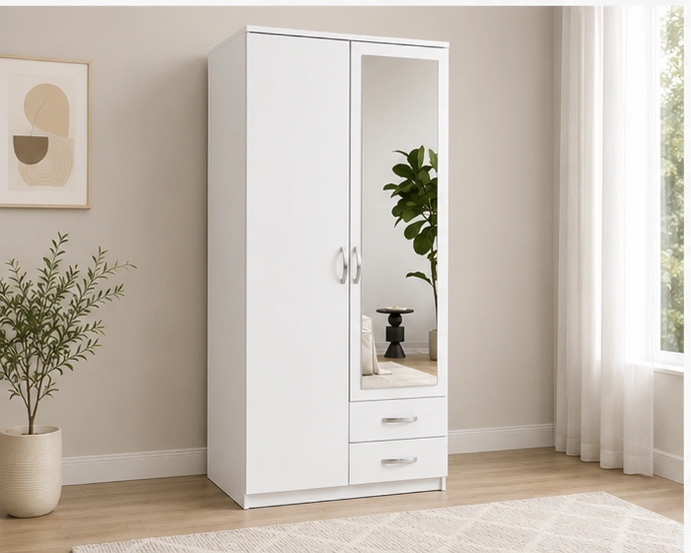 Armoire Blanche 2 Portes avec Miroir et 2 Tiroirs Penderie de Chambre avec Étagères – Design Moderne