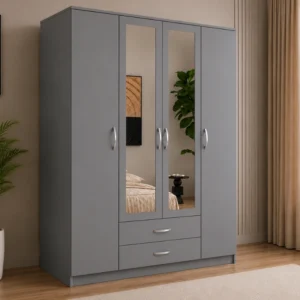 Armoire Grise Contemporaine 4 Portes Grand Miroir Pleine Longueur -  2 Tiroirs et Rangements Spacieux -  Style Élégant pour Chambre Moderne