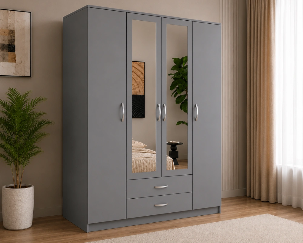 Armoire Grise Contemporaine 4 Portes Grand Miroir Pleine Longueur -  2 Tiroirs et Rangements Spacieux -  Style Élégant pour Chambre Moderne