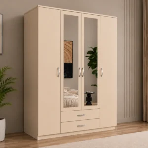 Armoire Beige 4 Portes avec Grand Miroir - 2 Tiroirs Spacieux et Grande Penderie Grande Capacité de Rangement - Design Moderne pour Chambre Adulte