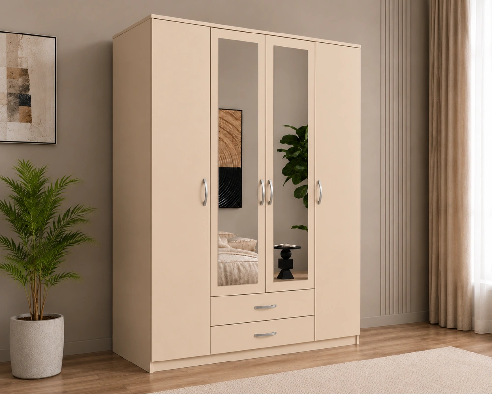 Armoire Beige 4 Portes avec Grand Miroir -  2 Tiroirs Spacieux et Grande Penderie Grande Capacité de Rangement -  Design Moderne pour Chambre Adulte