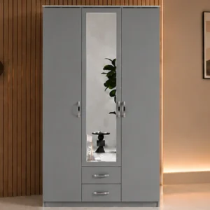 Armoire Grise Design 3 Portes Grand Miroir avec 2 Tiroirs Spacieux-  Grande Penderie et Rangements Pratiques -  Mobilier Contemporain pour Chambre
