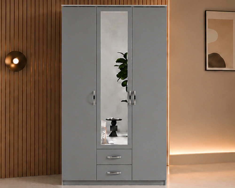 Armoire Grise Design 3 Portes Grand Miroir avec 2 Tiroirs Spacieux-  Grande Penderie et Rangements Pratiques -  Mobilier Contemporain pour Chambre